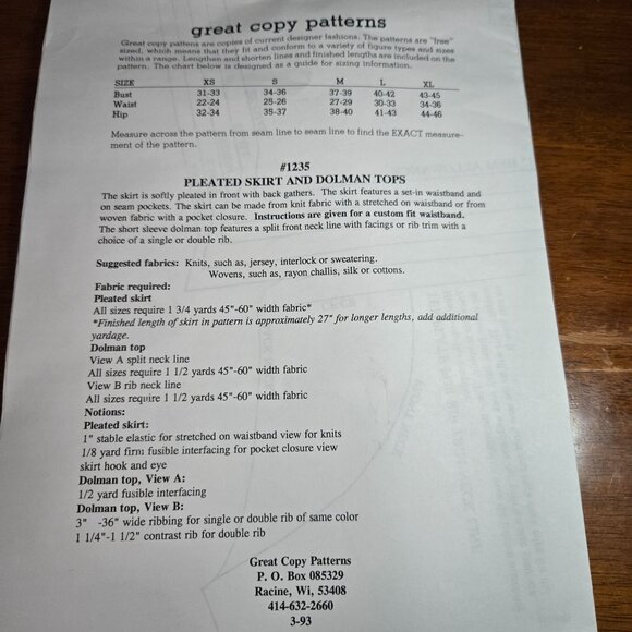 Great Copy Patterns 1235 sewing patterns Pleated Skirt, Dolman Tops UNCUT XS-XL - Picture 3 of 8